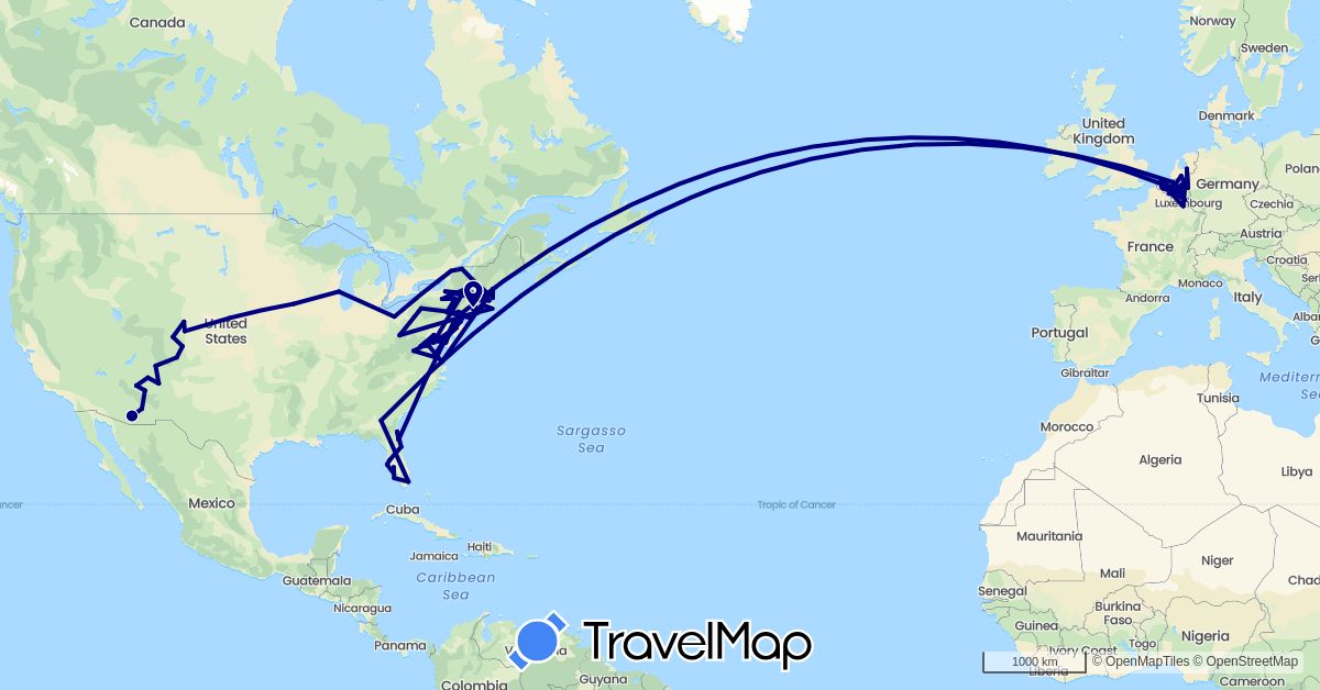 TravelMap itinerary: driving in Belgium, Netherlands, United States (Europe, North America)